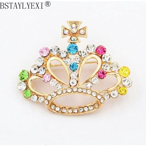 BSTAYLYEXI colors rhinestone and crystal crown brooches women cute fashion Dress Coat Corsage Gift Accessories Wedding Shining