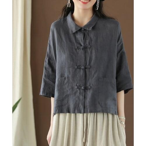 Johnature Linen Button Shirts Half Sleeve Female Blouse 2021 Summer New Style Casual Loose Retro Literary Solid Women Blouse