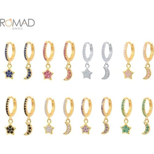 ROMAD 925 Silver Pink Turquoise Green CZ Zircon Huggie Earrings Women Star Moon Pendant Earrings Hoops Jewelry Boucle D’oreille