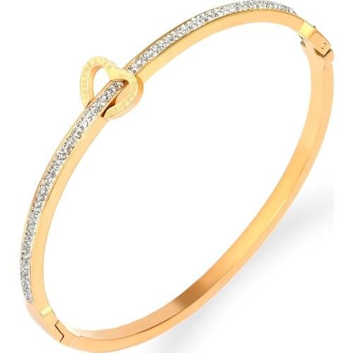 2021 Summer Good Rose Gold Stainless Steel Heart Forever Rhinestone Cuff Bangle Bracelets Jewelry For Women Valentines Day Gift