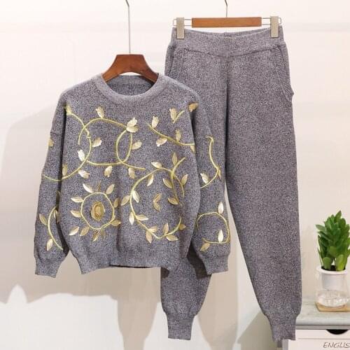 Spring Autumn New Fashion 2 Piece Set Women Embroidery Golden leaf Flower knitted Tops + Casual Harem Pants Women Outfits G406