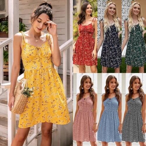 Sexy Dress Floral Print Sling Drawstring Mini Dress Summer Casual Spaghetti Strap Backless Beach Holiday Vestidos Mujer