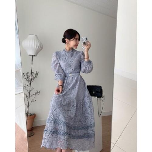 Hight Quality New Fashion Elegant Runway Crochet Lace Dress Womens Long Lantern Sleeve Stand Collar A Line Dress vestidos