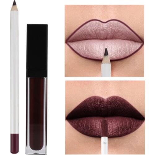1 Set Lipstick & Lipliner Matte Liquid Lipstick Lip Liner Pencil Kit Waterproof Long Lasting Pigment Lip Makeup Beauty Cosmetics