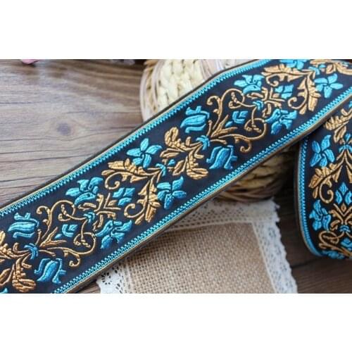 5yards/lot Woven Jacquard Ribbon Flowers Embroidered blue background black 5.7cm and 5cm ls-0013