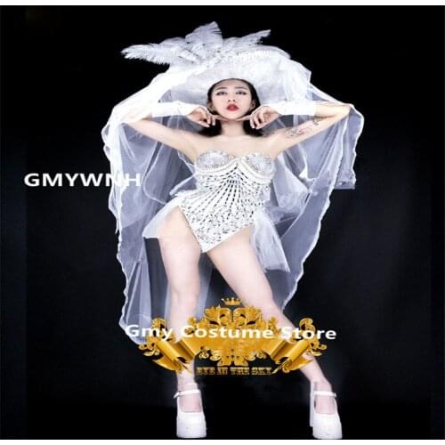 BC89 Singer stage sexy outfit party catwalk wears performance dresses clothe white headwear dj bodysuit bikini disco skirt bra