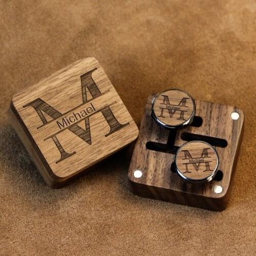 Personalized Cufflinks Engraved Logo Wooden Cuff Links For Men Women With Square Wood Box Set Vintage Unique Gift