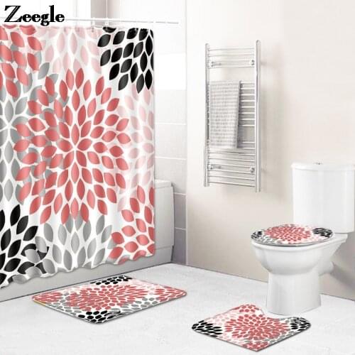 Geometric Pattern Home Decor Bath Mat and Waterproof Shower Curtain Set Bohemia Style Toilet Carpet Rug Bathroom Floor Mat