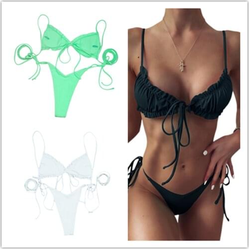 Swimwear Ladies Summer Split Bikini Set Adults Women Solid Color Lace Up Ruched Decoration Sexy Bikini