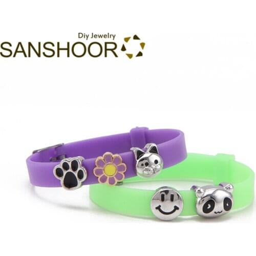 SANSHOOR Lovely Silicone Keeper Bracelet Set Small Size With Cute Cat Sunflower Paw Smileface Slide Charms For Children Women