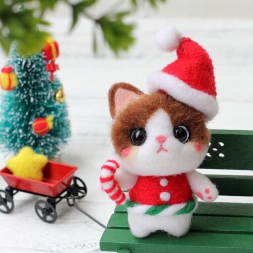 Novelty Cat Felt Craft Kit Wear Christmas Hat Animal Wool Needle Felting for Kids Children Funny Gift