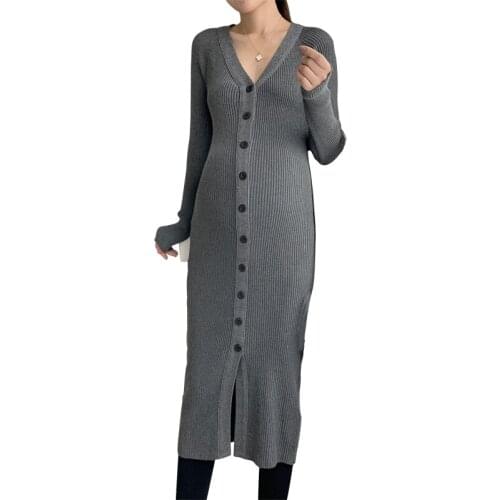 V Neck Maternity Clothes Women Knit Dress Long Sleeve Pregnant Sweater Dress Breastfeeding Knited Clothes Nursing Dress Button