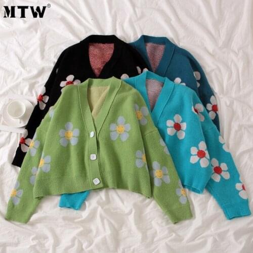 2020 Autumn College Style Flower Print Knitted Cardigans Retro V-neck Long Sleeve Outerwear Tops Casual Loose Sweater