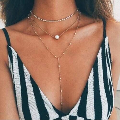 Boho Vintage Multi Layer Pearl Crystal Choker Necklaces for Women Fashion Gold Beads Pendant Necklace Jewelry Gift