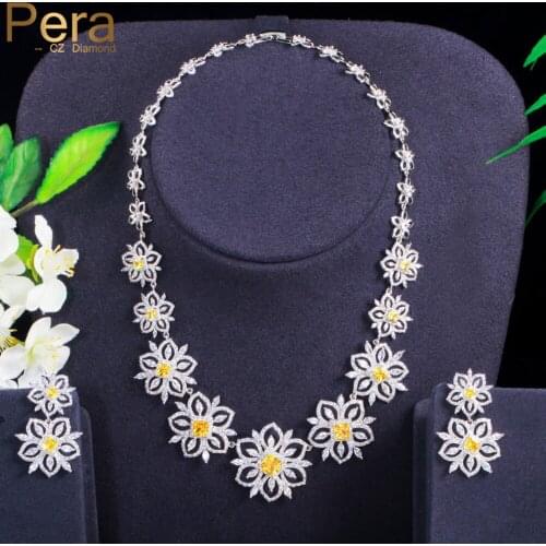 Pera Shining Yellow Cubic Zirconia Big Statement Flower Choker Necklace and Earrings Sets for Bridal Wedding Party Jewelry J417