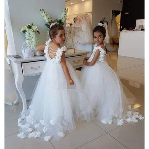 White Flower Girl Dresses First Communion Dress For Little Girl O Neck Backless Pearls Kids Birthday Party Dress
