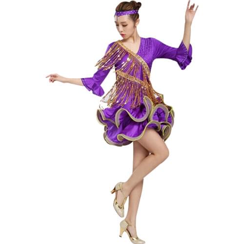 Purple red Latin Dance dress Womens Competition Dance Clothes Fringe ballroom Latin/Cha cha/Rumba/Samba/ Dance Costume Dress