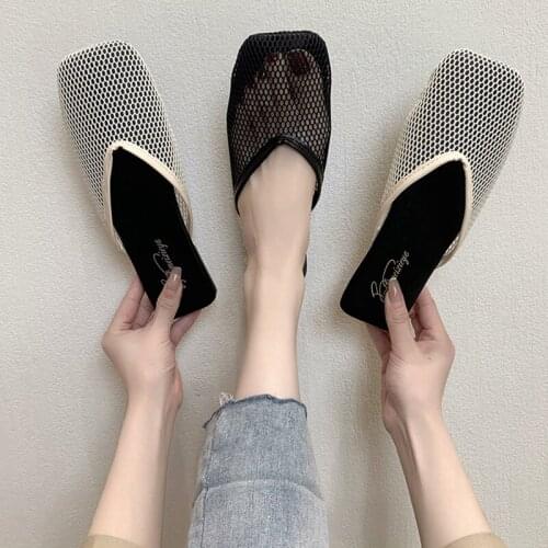 Womens shoes Baotou half slippers, womens outer wear 2021 new mesh breathable flat shoes, womens all-match Muller shoes