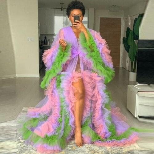 Real Images Lush Puffy Dress Tulle Robes Colorful Women Tulle Vestidos Photo Shoot Dress Front Split Maternity Robes Plus Size