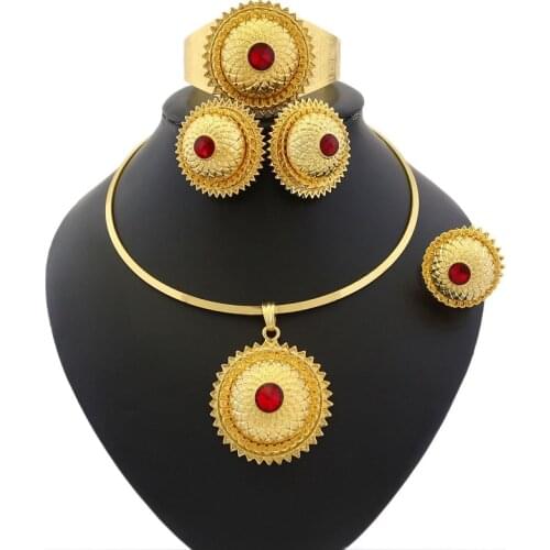 Yulaili High Quality Ethiopia Jewelry Sets Choker Necklace Earrings Open Bangle Ring For Women Trendy Jewelery Set Wholesale