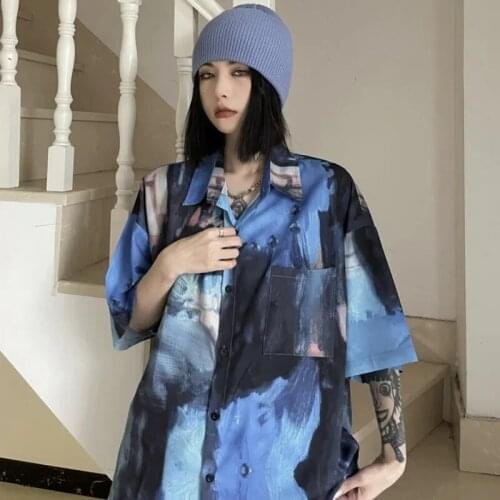 Zadily 2021 Summer FashionTie Dye Print Women Shirt Street Style Button Short Sleeve Ladies Blouse Loose Turn-down Collar Tops