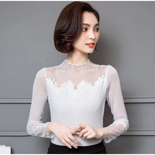 Embroidery Women Mesh Lace Blouses Shirts See Through Style Spring Summer Long Sleeve Turtleneck Collar Green Blusas DD2089