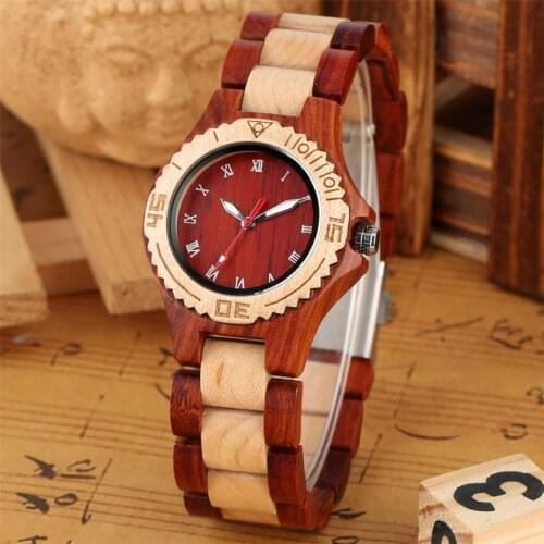 Bracelet Wood Lady Watch Quartz Movement White Roman Numerals Display Full Wooden Womens Bangle Wristwatch Stylish Female Clock