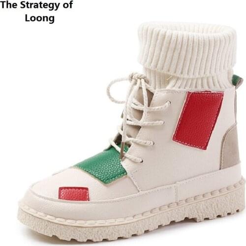 Spring Autumn Korean Style Fashion Knitting Patchwork Retro Women Ankle Equestrian Boots Winter Lady Short Snow Boots 191114