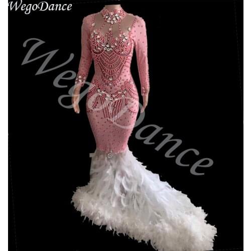 New Woman Sparkly Rhinestones Ostrich feather dresses Singer costume Sexy Evening Party Birthday Clothing Auto Show Full dress