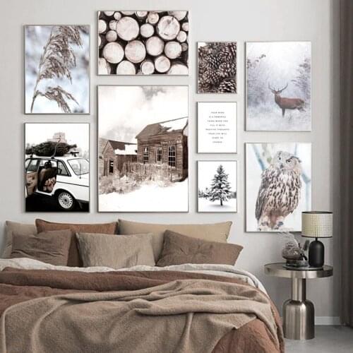 Winter Snow House Deer Owl Grass Pine Tree Raw Wood Nordic Poster Print Canvas Painting Wall Art Pictures For Living Room Decor