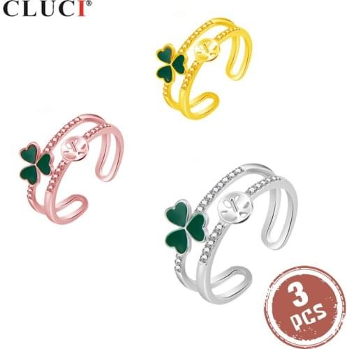 CLUCI 3pcs 925 Sterling Silver Cute Clover Ring Adjustable Women Pearl Ring Mounting Open Zircon Clover Ring SR2157SB