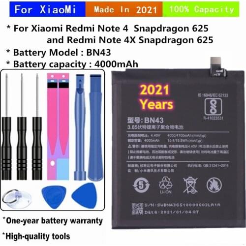 2021 BN43 Battery 4000mAh For Xiaomi Redmi Note 4X / Note 4 global Snapdragon 625 100% High Capacity Batteria + Tools