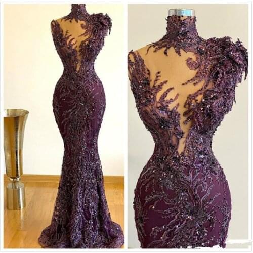 Aso Ebi 2021 Arabic Purple Luxurious Mermaid Evening Dress Beaded Lace Prom Dresses High Neck Formal Party Second Reception Gown