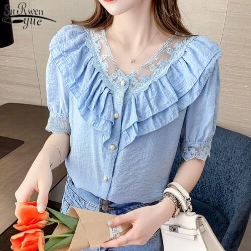 Summer Lace Shirt V-neck Ruffled Solid Loose Blouse Chiffon Short-sleeved Shirt Top Female Cotton Lace Blouse 14063