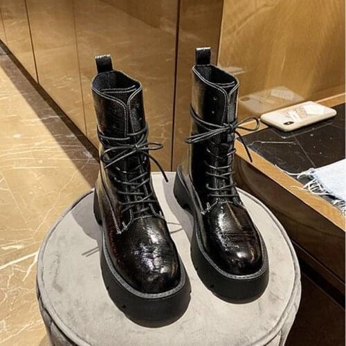 Women Ankle Short Boots Ladies Shiny Leather Soft Platform Fashion Lace Up Shoes Female Shoe New Footwear Woman Comfort