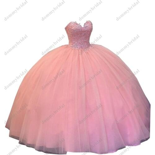 2021 Elegant Pearl Pink Ball Gown Long Cheap Quinceanera evening Dress Sweetheart Lace Applique Vestido De 15 Anos XV Years
