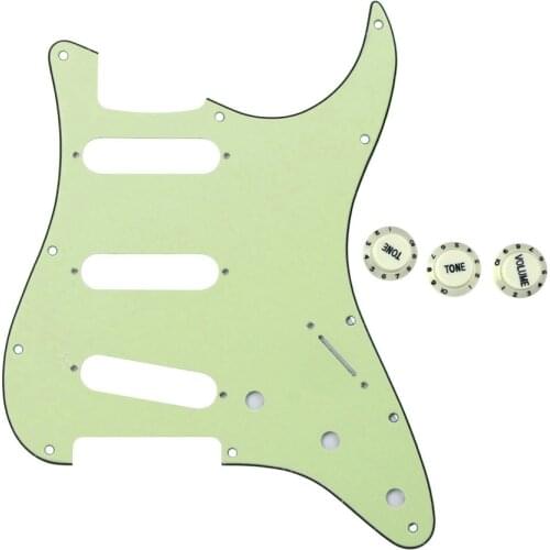 FLEOR Mint Green 3Ply Guitar Pickguard SSS 11 Holes & 2T1V Tone Volume Knobs for ST Guitar Accessories
