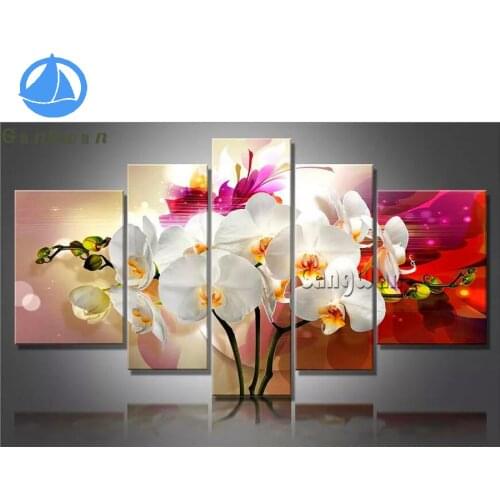 Beautiful white orchid 5d Diy Diamond Painting Cross Stitch Full Square Round Mosaic Diamond Embroidery flower 5 pcs Wall art