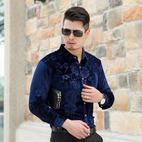 Hot Sale Autumn New Fashion Mens Long Sleeve Velvet Dress Shirt Man Business Floral Shirts