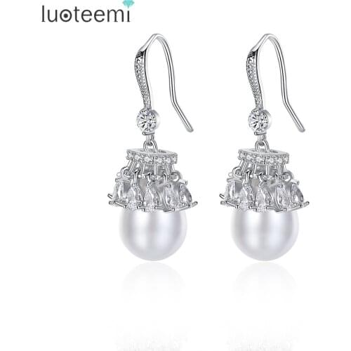LUOTEEMI Fashion White Gold Color Waterdrop Cubic Zircon With Simulated Pearl Bridal Drop Earrings For Women Romantic Jewellery