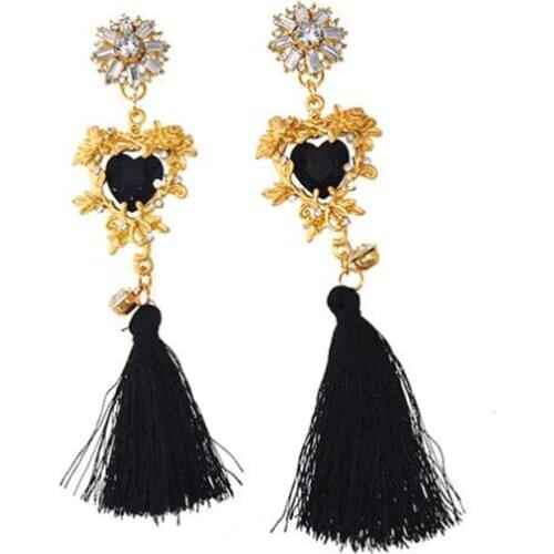 Fashion vintage black Panicle spike tassel crystal earrings elegant drop earring fashion luxurious heart long crystal earring