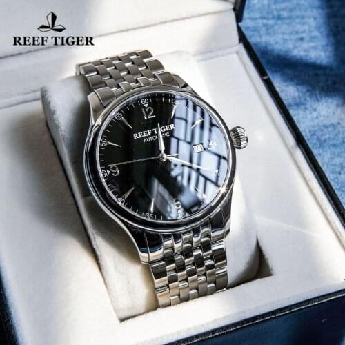 Reef Tiger/RT Classic Mens Automatic Mechanical Watches With Date Stainless Steel Watches Sapphire Glass Watches Free Shipping