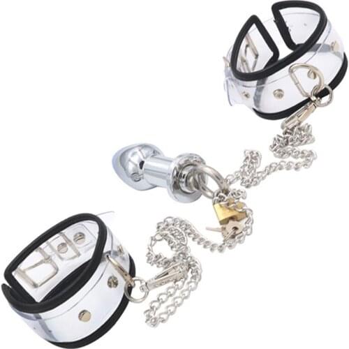 BDSM Handcuffs Anal Plug Metal Chain Butt Plug Lock Bondage Enema Tools Adult Game Couples Restraint Sex Toys for Women Men