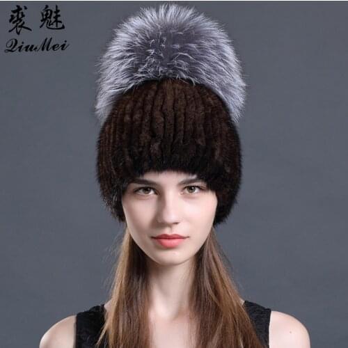 2018 New Womens Fashion Fur Hat Autumn Winter Hats Female Real Mink Beanies Natural Mink Fur Pompom Gilrs Warm Knit Fur Caps