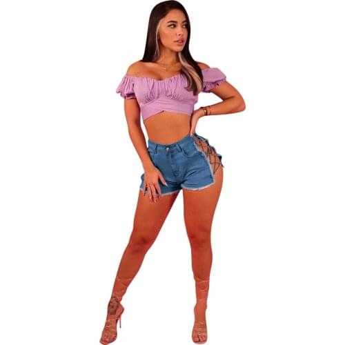 2021 New Product Side Hollow Out Bandage Skinny High Waist Denim Biker Shorts Pants Jeans Womens Outfits Sexy Holiday Trousers