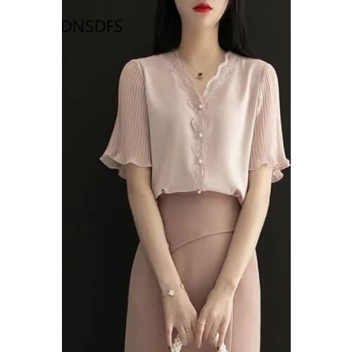 New Women Button Up Shirt Korean Casual Pink White Tops 2021 Spring Summer Short Sleeve Blouse Office Lady Chiffon Shirts Blsuas