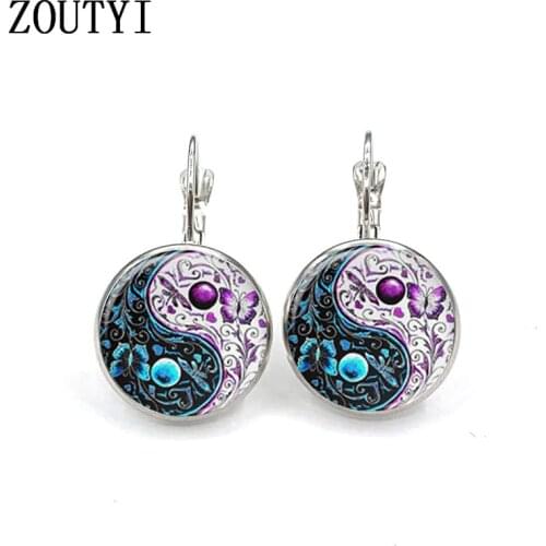 New/glamour fashion yin and yang tai chi flower pattern photos, convex glass inlay earrings, feminine decoration