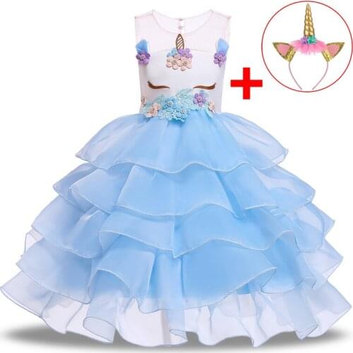 2021 Unicorn Party Dress Kids Dresses For Girls Children Clothing Princess Dress Girl Birthday Party Cosplay Dress Free Headband