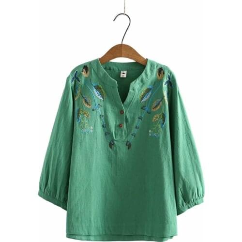 Womens oversize shirt V-Neck button leaves embroidery tops women 2021 spring autumn Casual green yellow cotton loose Blouses