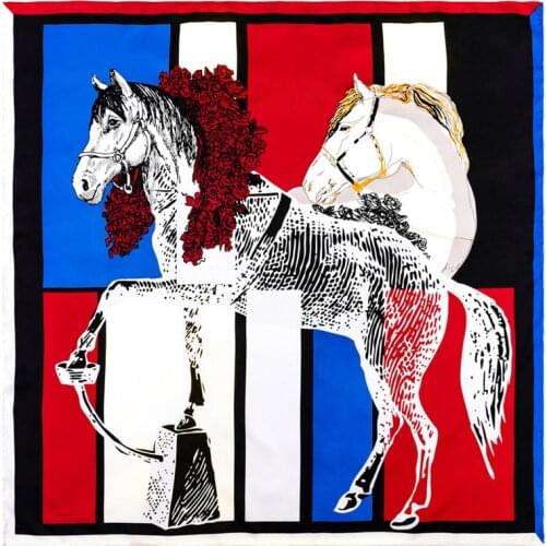 POBING Manual Hand Rolled Twill Silk Scarf Women Horse Print Square Scarves Echarpes Foulards Femme Wrap Lady Bandana Hijab 90CM